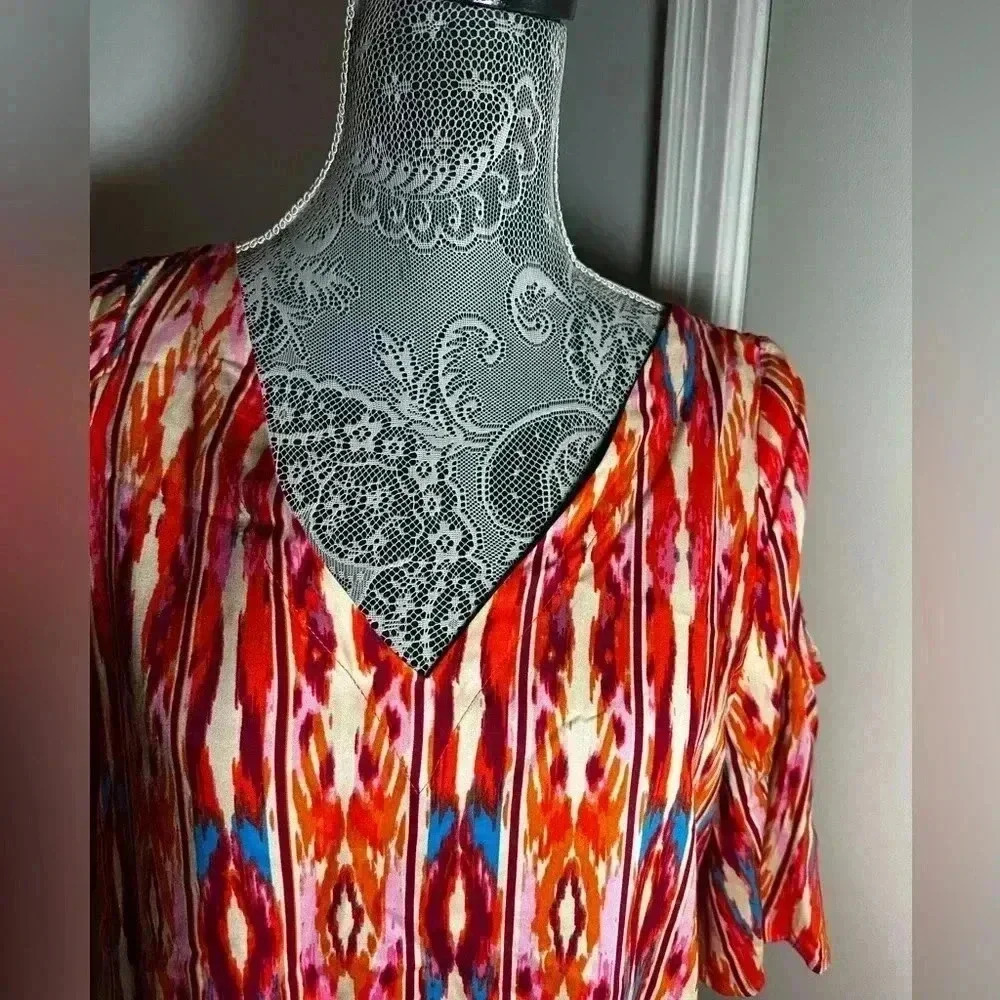 NWT Caribbean Joe Multicolor Rayon Dress Cold Shoulder. V Neck. Sz: M. - Picture 3 of 11